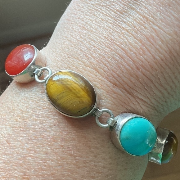 Sterling Silver 925 Turquoise/Tiger Eye/Carnelian/Blue Chalcedony Bracelet - Picture 6 of 11